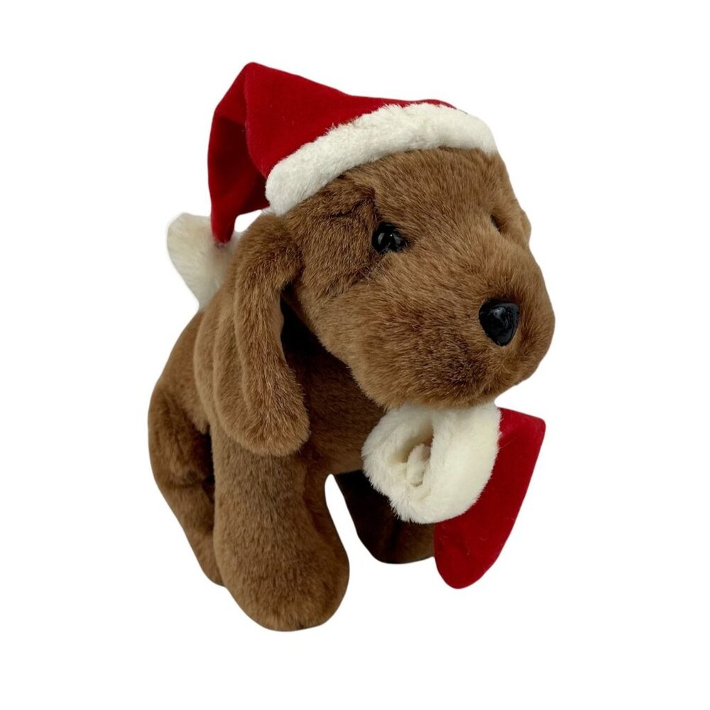Brown Puppy Dog 10" Plush Stuffed Animal Christmas Hat Stocking in Mouth‎